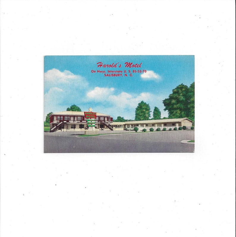 May include: A vintage postcard featuring a motel called "Harold's Motel" on Highways Interstate U.S. 85-52-70 in Salisbury, North Carolina. The postcard shows a red and white motel building with a sign that says "Harold's Motel" in red letters. The motel is surrounded by trees and a paved parking lot.
