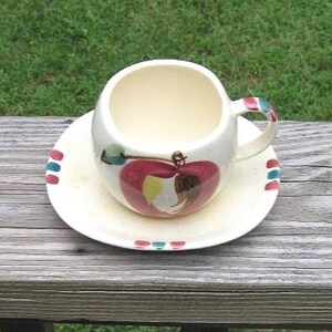 Purinton Cup & Saucer, Open Apple Design, 1940s 1950s Vintage Hand Painted, UnMarked Slip Ware, Heavy Weight, Upcycle Pottery Supply Gift