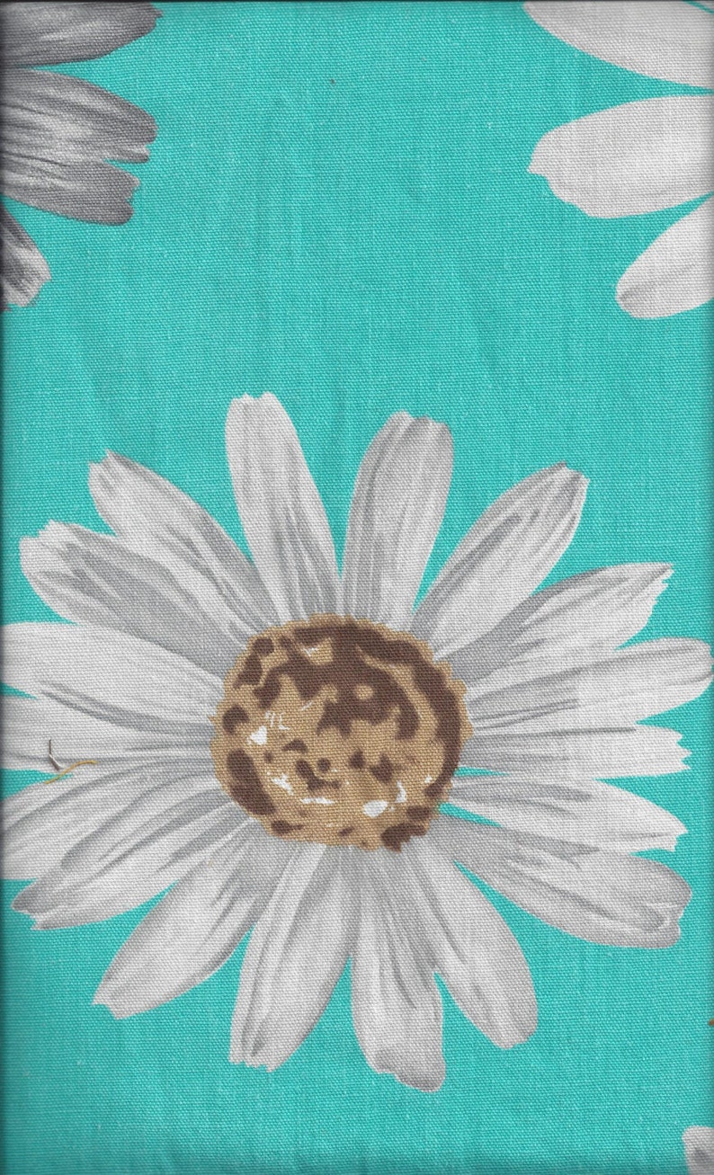 May include: A white daisy with a brown center on a turquoise background. The daisy has a textured appearance, as if it is printed on fabric.