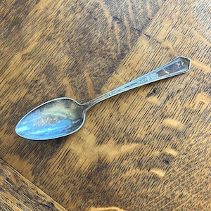 May include: A silver spoon with a detailed handle and a rounded bowl. The spoon is resting on a wooden surface with visible grain patterns. The spoon's handle has an ornate design, and the bowl shows signs of wear.