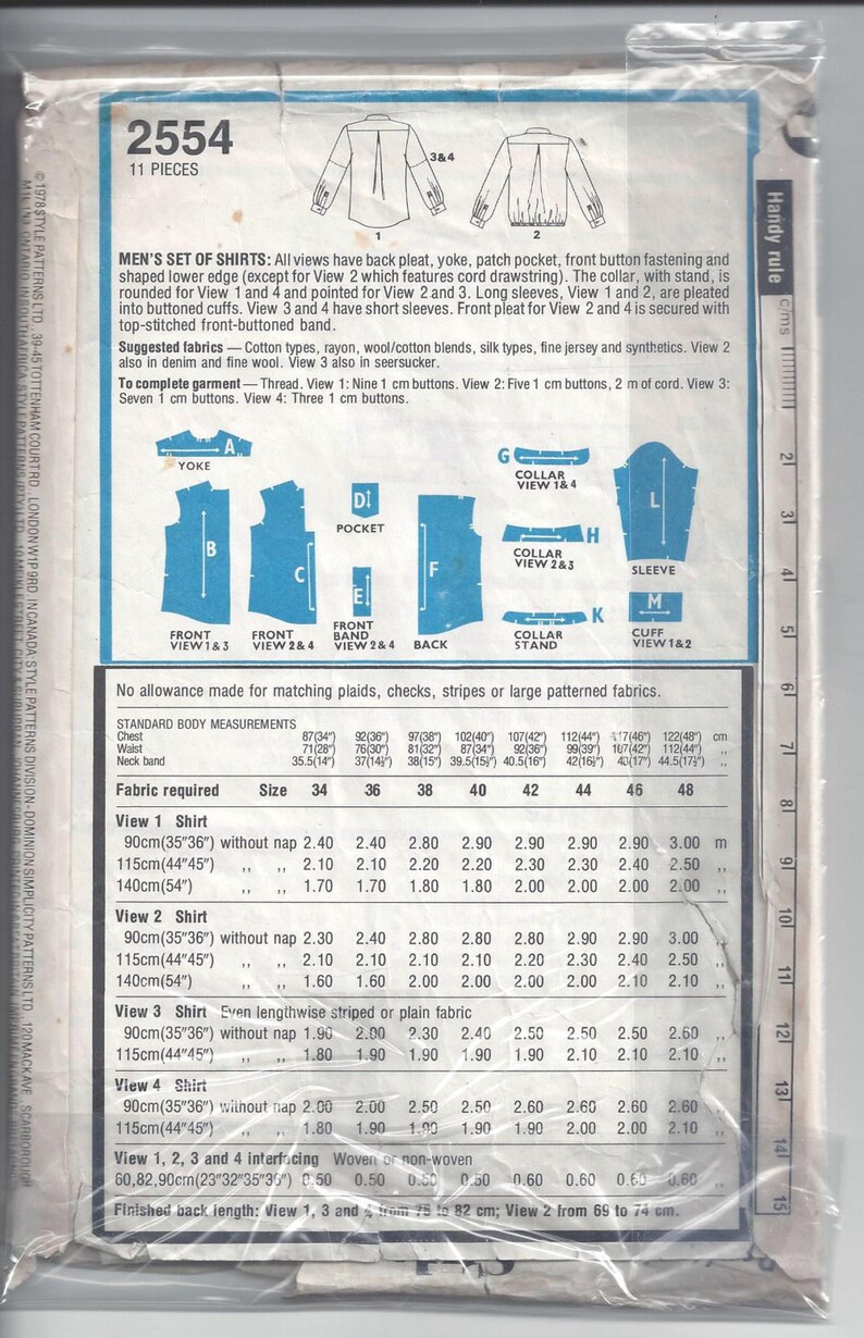Style 2554 Pattern for Men's Set of Shirts, Sz 42, From 1978, British ...
