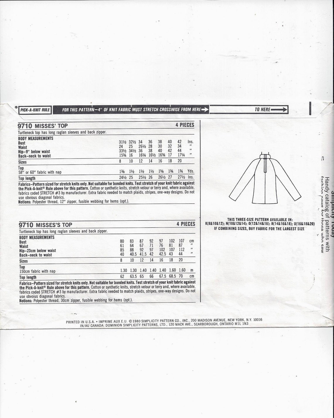 Simplicity 9710 E.S.P. Pattern for Misses' Top, Extra Sure, Size 8, 10 ...