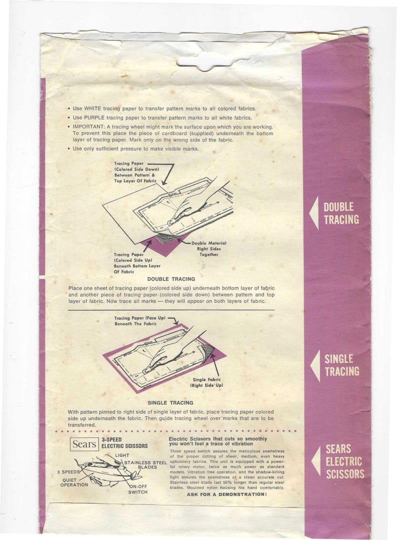 Sears kalkerpapper i originalförpackning, 6 vita, 3 lila, några begagnade, sömnadsdetaljer bild 2