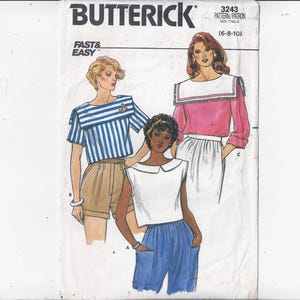 Könnte beinhalten: Ein Vintage-Butterick-Schnittmuster mit Illustrationen von drei Oberteilen. Die Designs umfassen ein gestreiftes Oberteil im Matrosenstil, ein rosa Langarmshirt mit weißem Kragen und ein weißes Oberteil mit Kragen. Das Muster ist mit "Fast & Easy" gekennzeichnet.