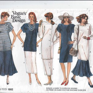 May include: A sewing pattern for four different dresses. The pattern is from Vogue's Basic Design and is pattern number 1882. The dresses are all different styles, including a striped dress with a skirt, a polka dot dress with a skirt, a solid dress with a skirt, and a tunic-style dress.