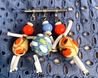 Vintage Articulated Whimsical People Brooch, Glass Beads, 3 Figures, Upcycle Jewelry