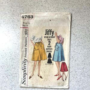 Simplicity 4763 Pattern for Misses' Jiffy Wrap Around Skirt, Size Waist 26, From Early 1960s, Easy Cut, Easy Sew, 2 Main Pattern Pieces