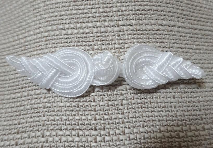 White Chinese Frog Closure Fastener, Pineapple Cone Ends, 3.25 In. Long Closed, Clothing, Jackets, Coats, Cape, Upcycle Home Sewing Notions