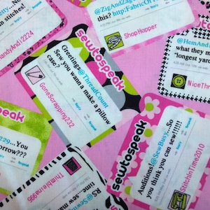 May include: A pink fabric background with several colorful fabric scraps featuring the text "sewtospeak" and various sewing-related phrases. The scraps are decorated with black and white polka dots, green and white stripes, and black and white checkered patterns.