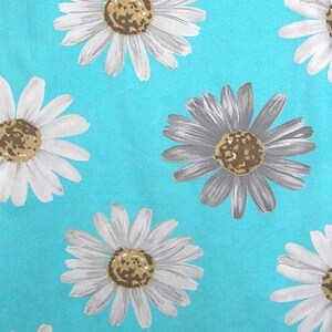 Floral Turquoise Cotton Canvas Fabric, 1 Yard Cut of Vintage 1970s, Large White, Gray Daisies, Crantex Textiles, Upcycle Home Decor image 1