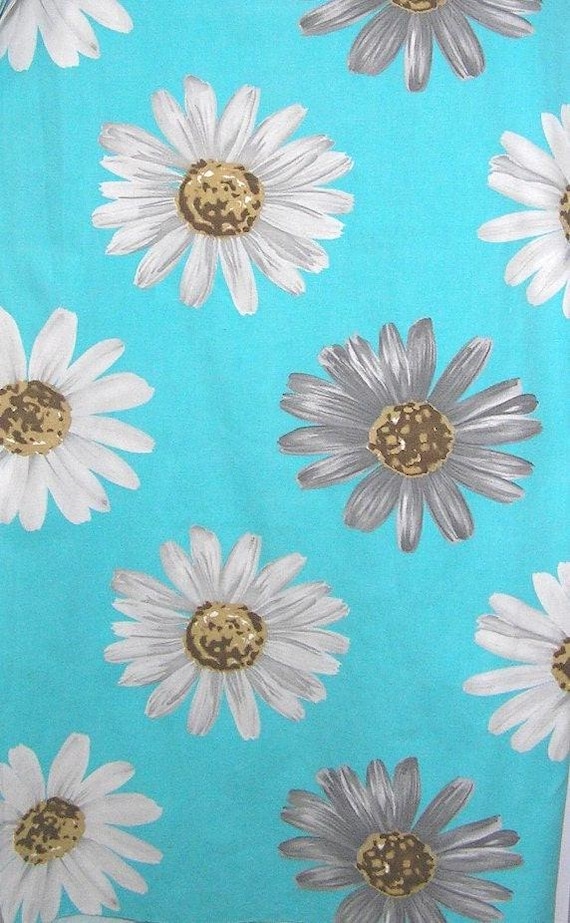 Floral Turquoise Cotton Canvas Fabric, 1 Yard Cut of Vintage 1970s, Large White, Gray Daisies, Crantex Textiles, Upcycle Home Decor