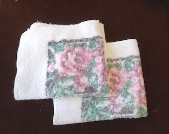 2 Vintage Floral Washcloths with White Background, Pink Flowers, Some Use, Upcycle Textiles Terrycloth