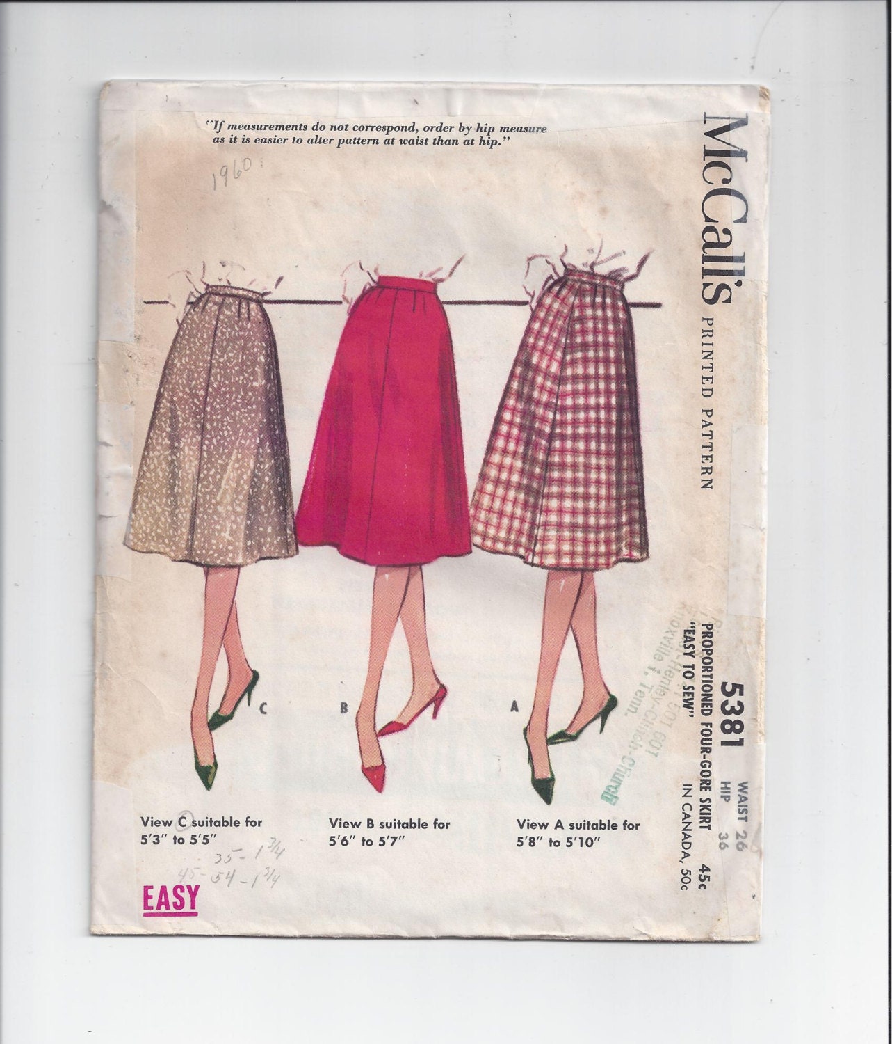 McCall's 5381 Pattern for Misses' Basic A-Line Skirt | Etsy