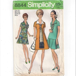Simplicity 8844 Schnitt für Fräulein Kleid oder Über Bluse, Rock & Schal, Größe 14, Ab 1970, Vintage Sewing 1970er Look, Klassischer 1970er Look