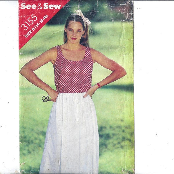 See & Sew Butterick 3155 Pattern for Misses' Top, Skirt, Plus Sizes 14 16 18, From 1980s, Vintage Home Sewing Fashion, Upcycle Supply