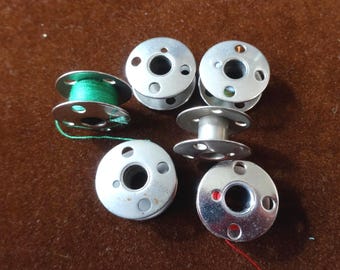 6 Metal Sewing Machine Bobbins, 5/16 Inch Shaft, 13/16 Inches Diameter, 3 Holes, From 1940s, Vintage Home Notions Accessories Upcycle Supply