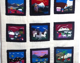 Vintage Central or South American Themed Hand Embroidered Wall Hanging Art Piece with 9 Pockets - 19 x 21 Inches - 3D Hand Sewn
