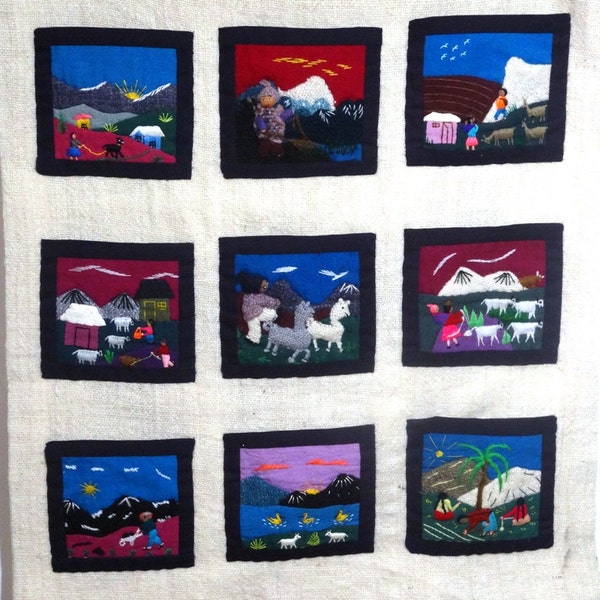 Vintage Central or South American Themed Hand Embroidered Wall Hanging Art Piece with 9 Pockets - 19 x 21 Inches - 3D Hand Sewn