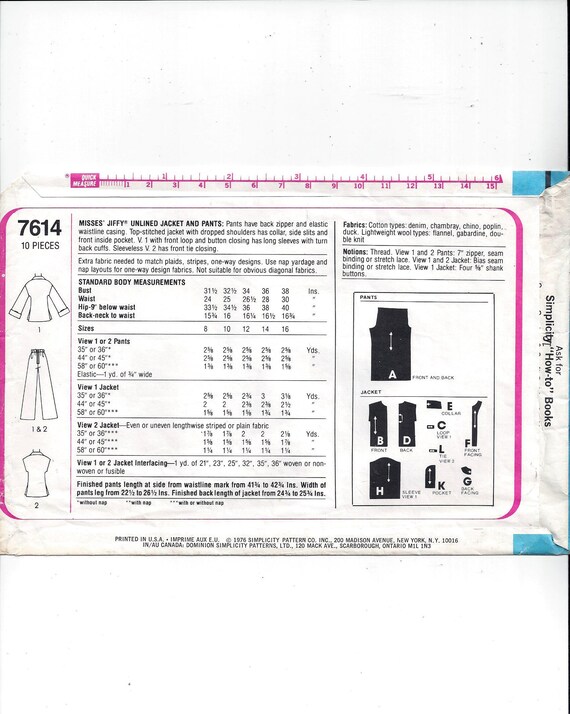 Simplicity 7614 Pattern for Jiffy Unlined Jacket, Pants