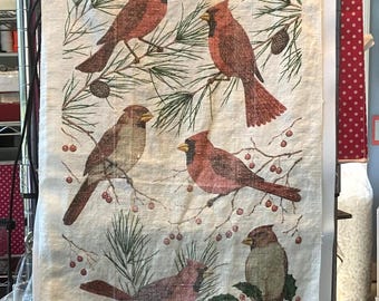 Toalla de cocina de lino con diseño de cardenal navideño o pájaro invernal, ropa de cocina vintage.