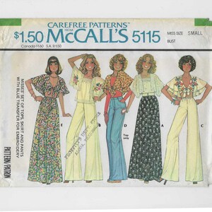 May include: Vintage McCall's 5115 sewing pattern featuring a variety of 1970s women's fashion designs. The pattern includes tops, skirts, and pants, with a Misses' size small. The cover displays illustrations of the clothing.