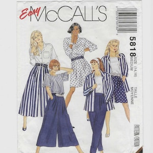 May include: McCall's sewing pattern with illustrations of women's fashion designs. The designs include striped and polka dot dresses, tops, and trousers. The pattern size is medium (14-16). The word "Easy" is written in red.