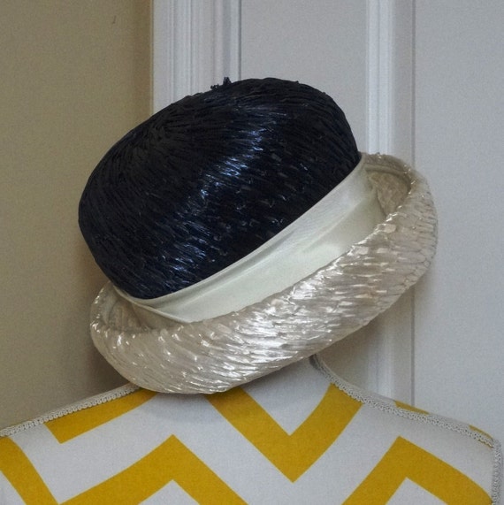 Vintage Ken Blair Navy and Ivory Straw Bowler Hat… - image 1