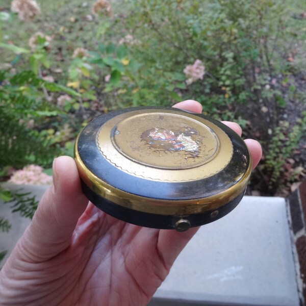 Antique Powder Compact with Mirror, Puff, Sifter. Place for Picture on Top, Black Enamel with Brass, Some Content, Vanity Purse Accessory