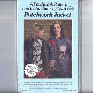 May include: A vintage sewing pattern booklet for a patchwork jacket. The cover features two women wearing patchwork jackets, one in blue and one in black and red. The text on the cover reads "A Patchwork Pattern and Instructions by Yours Truly Patchwork Jacket".