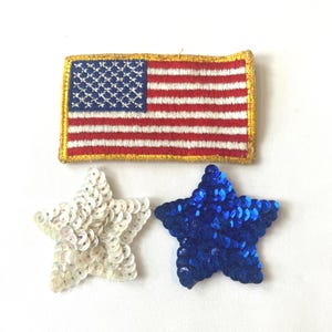 Flag Embroidered Applique and 2 Sequins Stars, Red, White, Blue,  July 4th, Independence Day