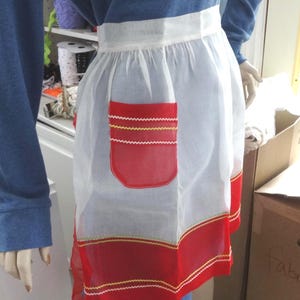 Organza Apron in Red & White, Vintage 1950s, Baby Rick-rack Trim in White, Yellow, Green, with Pocket, 19 In. Long, Christmas, Valentine Day