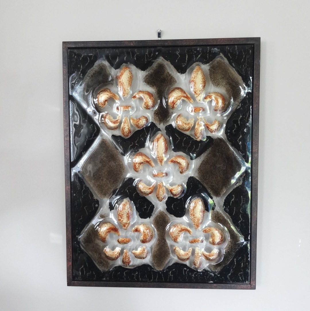 Hand Made Framed Art Glass Wall Hanging in Gold & Black Fleur Etsy