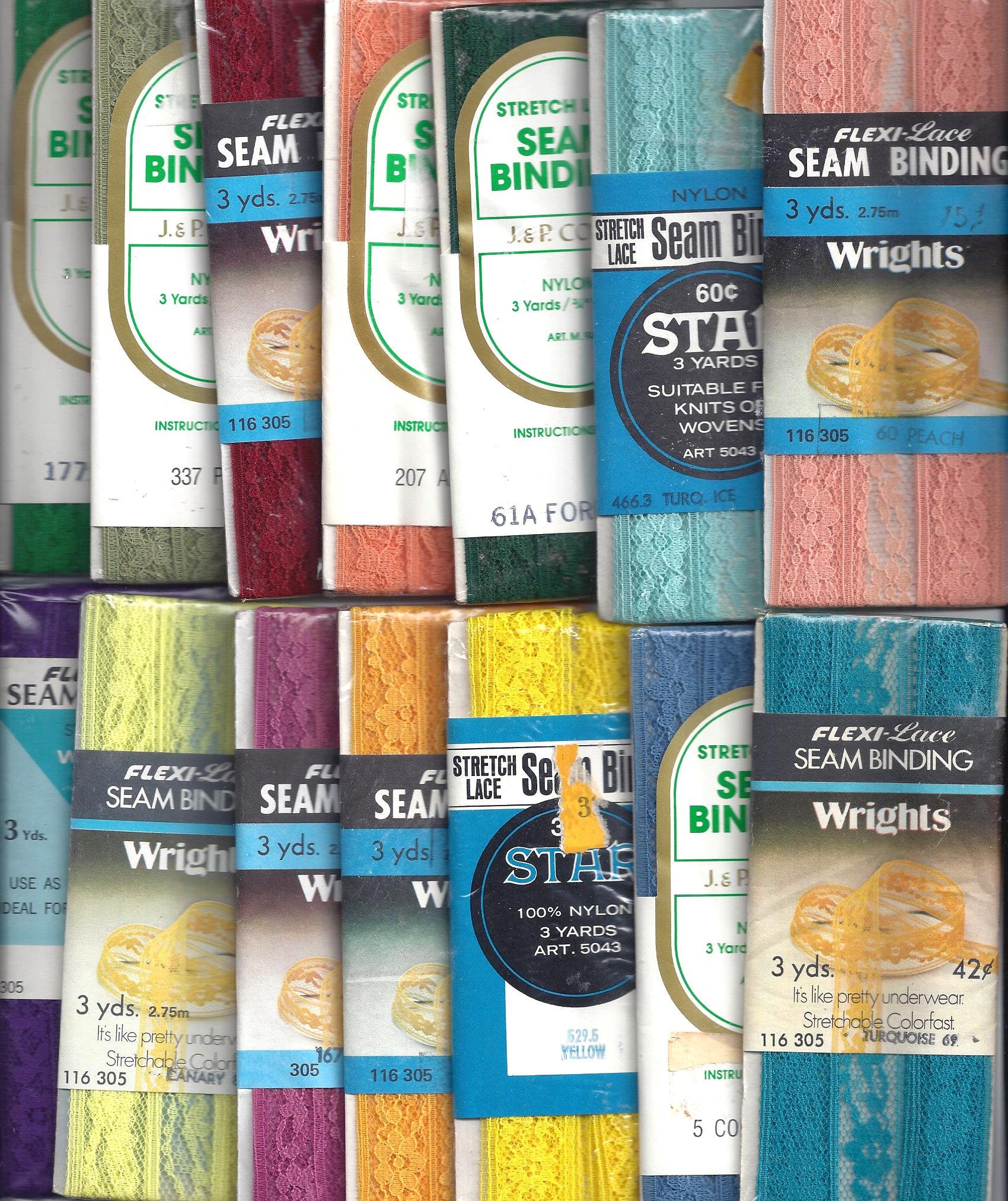 1960er bis 1990er Jahre Paket Stretch Spitzennaht Einfassung, Nylon, 3 Yard Pkg, verschiedene Farben, 3/4 Zoll breit, Home Sewing Notions Trim, Upcycle Trim