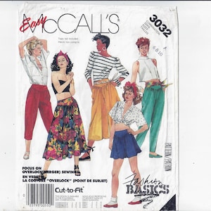 May include: A sewing pattern for four different outfits. The pattern is called "Easy McCall's" and the number is 3032. The pattern is for sizes 6-8-10. The outfits are all casual and include a skirt, pants, and a top. The pattern is for "Fashion Basics".