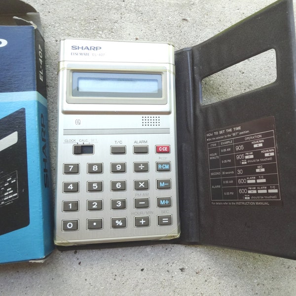 1980s Sharp ELSIMATE EL 407 Calculator with Box, Case, Instruction Booklet, Little Use, Vintage Electronics, Upcycle Office Supply