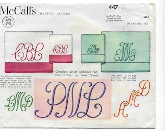 McCall's 447 Monogram Pattern for Embroidery Hot Iron Transfers Alphabet in Script or Cursive in 3 Sizes, From 1937, Looks Unused, Upcycle