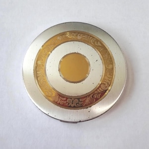 Elgin American Compact uit 1955, scherm, heel weinig poeder, gouden cirkels op zilver, diameter van 3 inch, make-up make-up, upcycle, gegraveerd