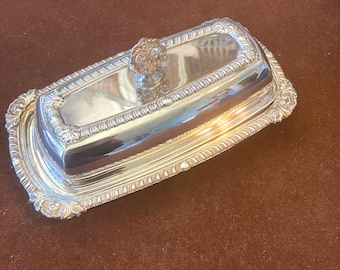 Mantequera plateada con inserto de vidrio, Home Decorators, Inc. Vintage, década de 1960.