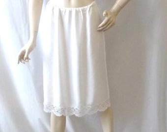 1960s White Nylon Half Slip, Side Zipper, Lace Trim, Size 30