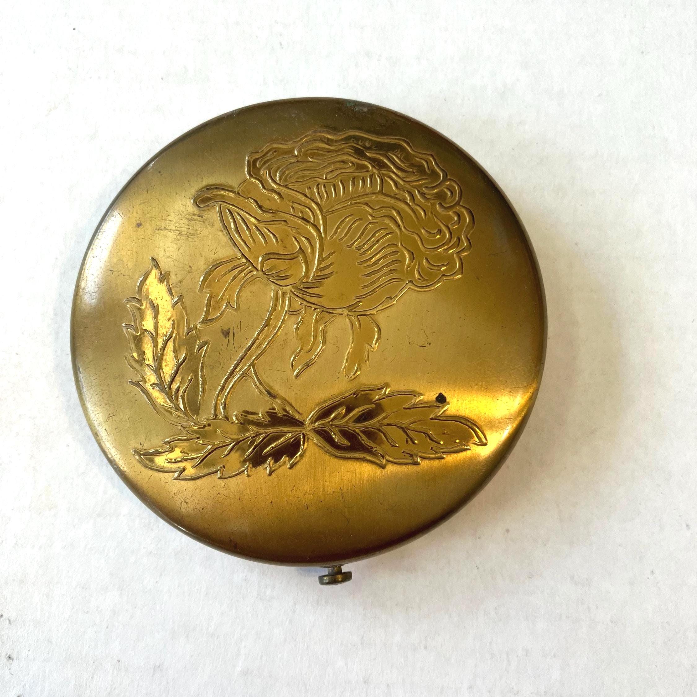Gold Powder Compact - Etsy Van-Ace Powder Compact Mirror Gold-tone Satin Gloss Stripe Embossed Floral Back main image 0
