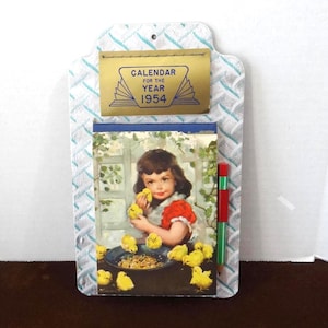 1954 Small Wall Calendar with Tablet & Pencil, Pretty Girl with Baby Chicks, Some Damage, Vintage Ephemera, Upcycle Paper Goods