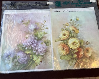 Pair of 1970s Vintage Hazel's Floral Art Prints by Sonie Ames, 10 1/8 x 8.5" Sealed