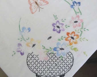 1960s Vintage Hand Embroidered Small Tablecloth in White with Flowers, Butterflies, Crocheted Edge, 53 x 50 Inches