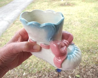 Baby Shoe Ceramic Planter with Pink & Blue, 4 Inches Tall, 5.25 Long, 1950s, Shower Gift, Nursery Decor, Popular Mid Century