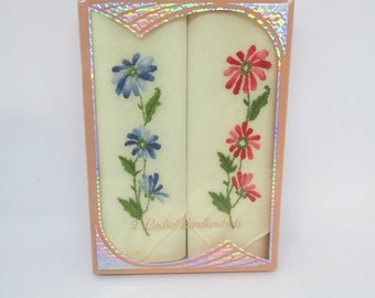 1960s Box of 2 Lady's Blue & Pink Hand Embroidered Daisy Handkerchiefs, All Cotton, Purse Accessory, Mother's Day, Birthday Gift