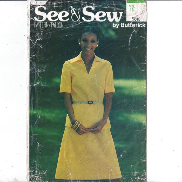 See & Sew Butterick 5813 Pattern for Misses' Top, Skirt, Plus Size 16, From 1980s, Vintage Home Sewing Fashion, Upcycle Supply