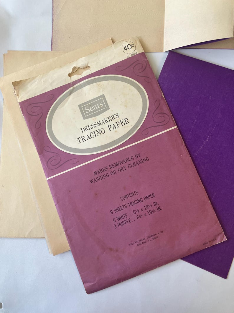 Sears kalkerpapper i originalförpackning, 6 vita, 3 lila, några begagnade, sömnadsdetaljer bild 3