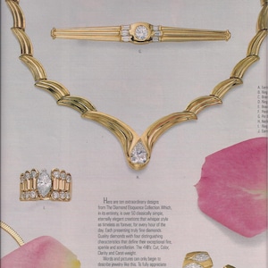 May include: Ten diamond jewelry designs from the Diamond Eloquence Collection. The designs include earrings, rings, bracelets, pendants, pins, necklaces, and a brooch. The text "A Diamond is Forever" is displayed at the bottom of the image.