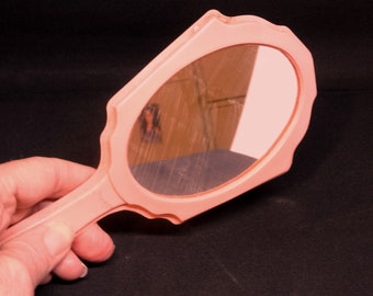 Pink Hand Mirror with Painted Flowers on Back, 7 3/8 Inches Long, 3.5 Inches Wide, Dresser or Makeup Vanity Tool, From 1960s