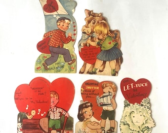 5 Vintage 1940s School Valentine Cards, Signed, 1 Fold-out, Features Kids, Mid-Century Feb 14